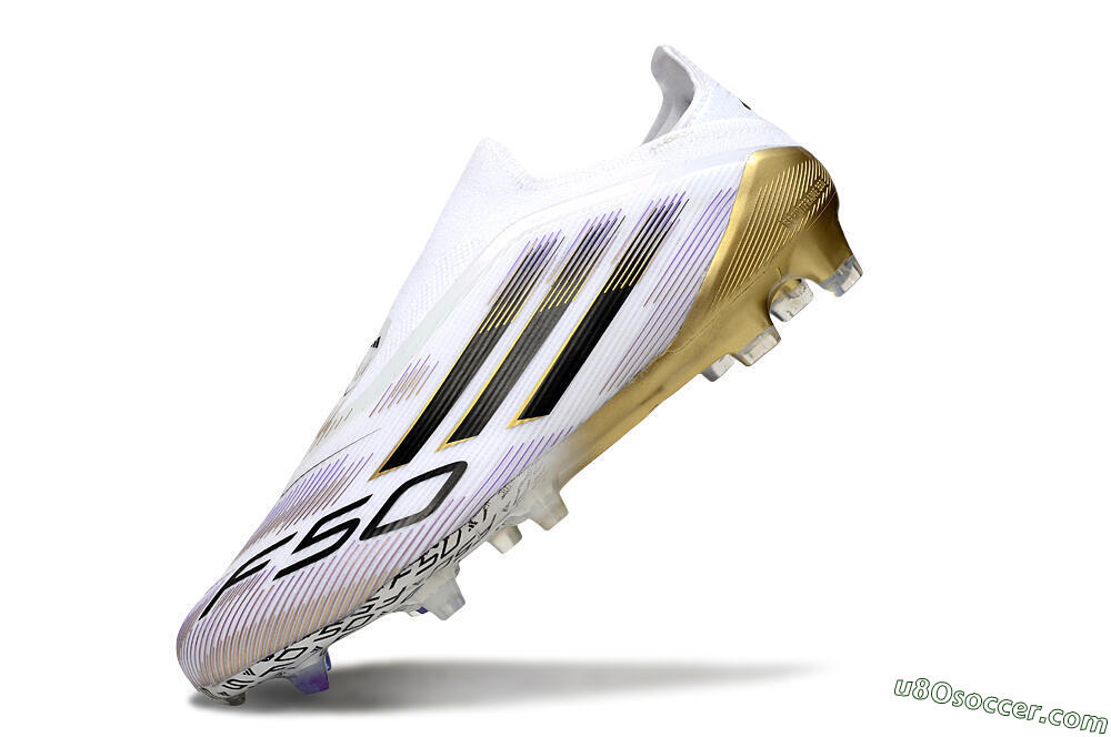 Adidas F50 Elite Laceless FG Firm Ground Soccer Cleats - White/Black/Purple/Gold 5