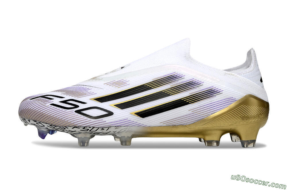 Adidas F50 Elite Laceless FG Firm Ground Soccer Cleats - White/Black/Purple/Gold 2