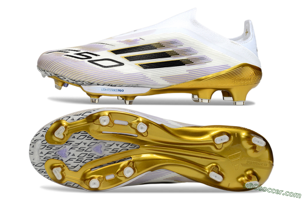 Adidas F50+ Elite Lightstrike Pro Laceless FG Firm Ground Soccer Cleats - White/Black/Gold 0