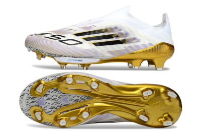 Adidas F50+ Elite Lightstrike Pro Laceless FG Firm Ground Soccer Cleats - White/Black/Gold