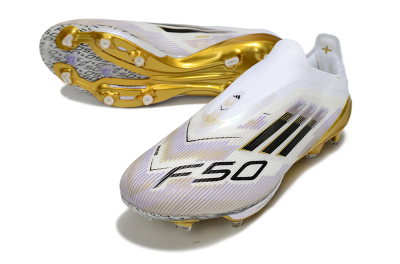 Adidas F50+ Elite Lightstrike Pro Laceless FG Firm Ground Soccer Cleats - White/Black/Gold