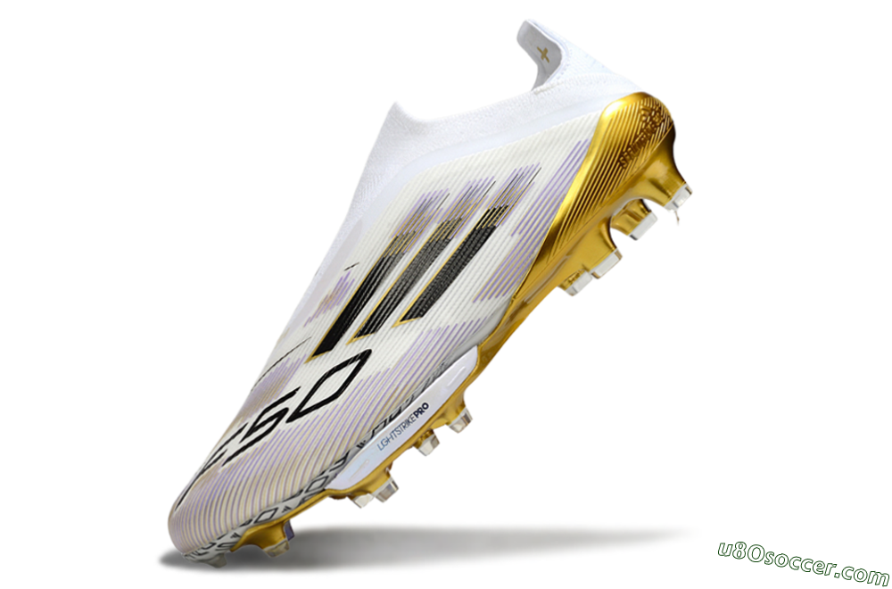 Adidas F50+ Elite Lightstrike Pro Laceless FG Firm Ground Soccer Cleats - White/Black/Gold 5