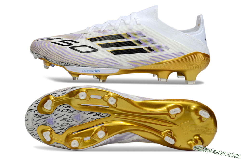 Adidas F50+ Elite Lightstrike Pro FG Firm Ground Soccer Cleats - White/Black/Gold 0