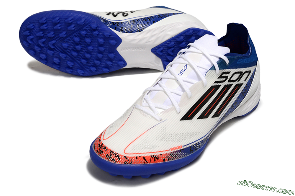 Son x Adidas F50 Pro TF Artificial Turf Soccer Shoes - White/Black/Blue 3