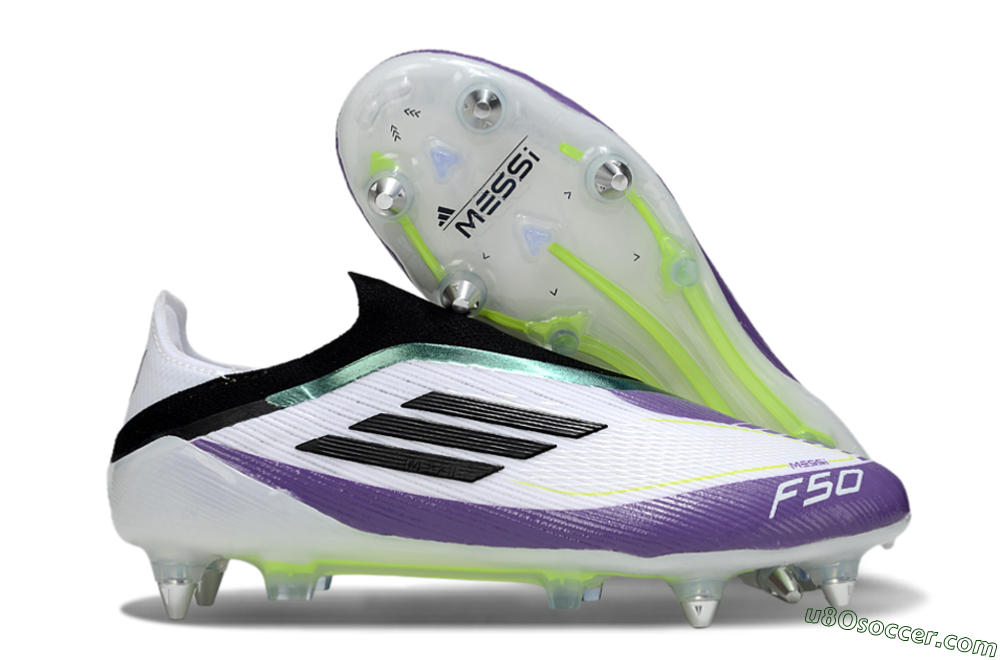Messi x Adidas F50 Elite Laceless SG Soft Ground Soccer Cleats - White/Purple/Black 1