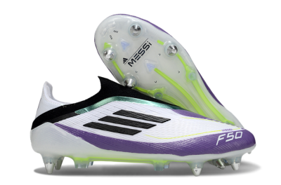 Messi x Adidas F50 Elite Laceless SG Soft Ground Soccer Cleats - White/Purple/Black