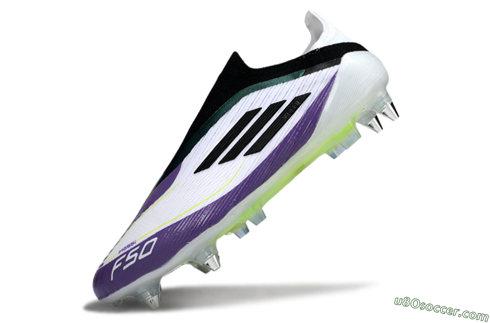 Messi x Adidas F50 Elite Laceless SG Soft Ground Soccer Cleats - White/Purple/Black 5