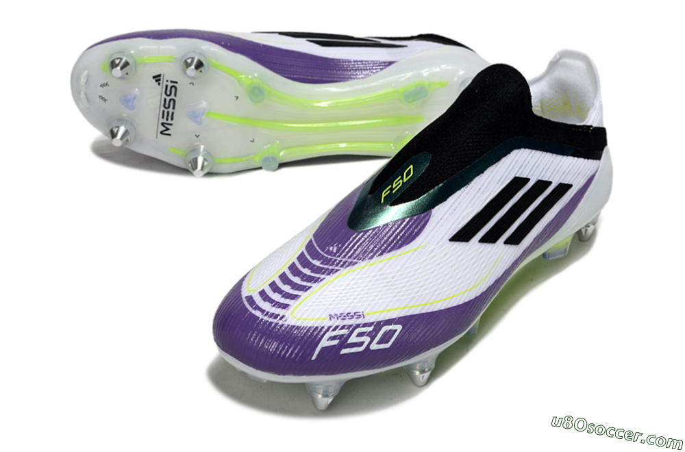 Messi x Adidas F50 Elite Laceless SG Soft Ground Soccer Cleats - White/Purple/Black 3