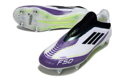 Messi x Adidas F50 Elite Laceless SG Soft Ground Soccer Cleats - White/Purple/Black