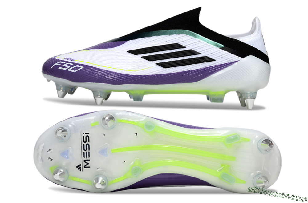 Messi x Adidas F50 Elite Laceless SG Soft Ground Soccer Cleats - White/Purple/Black 0