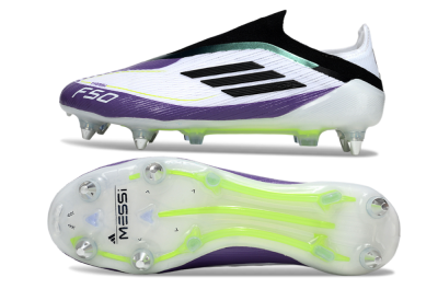 Messi x Adidas F50 Elite Laceless SG Soft Ground Soccer Cleats - White/Purple/Black