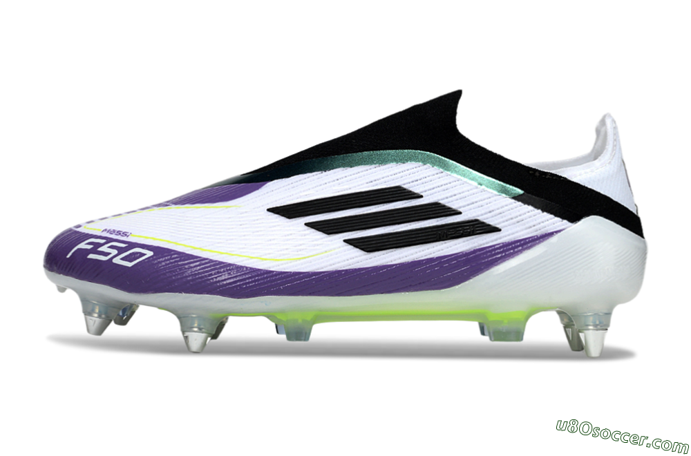 Messi x Adidas F50 Elite Laceless SG Soft Ground Soccer Cleats - White/Purple/Black 2