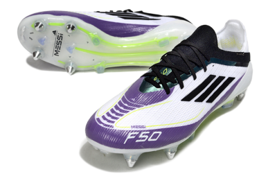 Messi x Adidas F50 Elite SG Soft Ground Soccer Cleats - White/Purple/Black