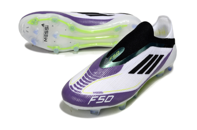 Messi x Adidas F50 Elite Laceless FG Firm Ground Soccer Cleats - White/Purple/Black
