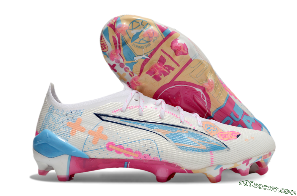 Puma Ultra 5 Ultimate FG Firm Ground Soccer Cleats - White/Pink/Blue 1