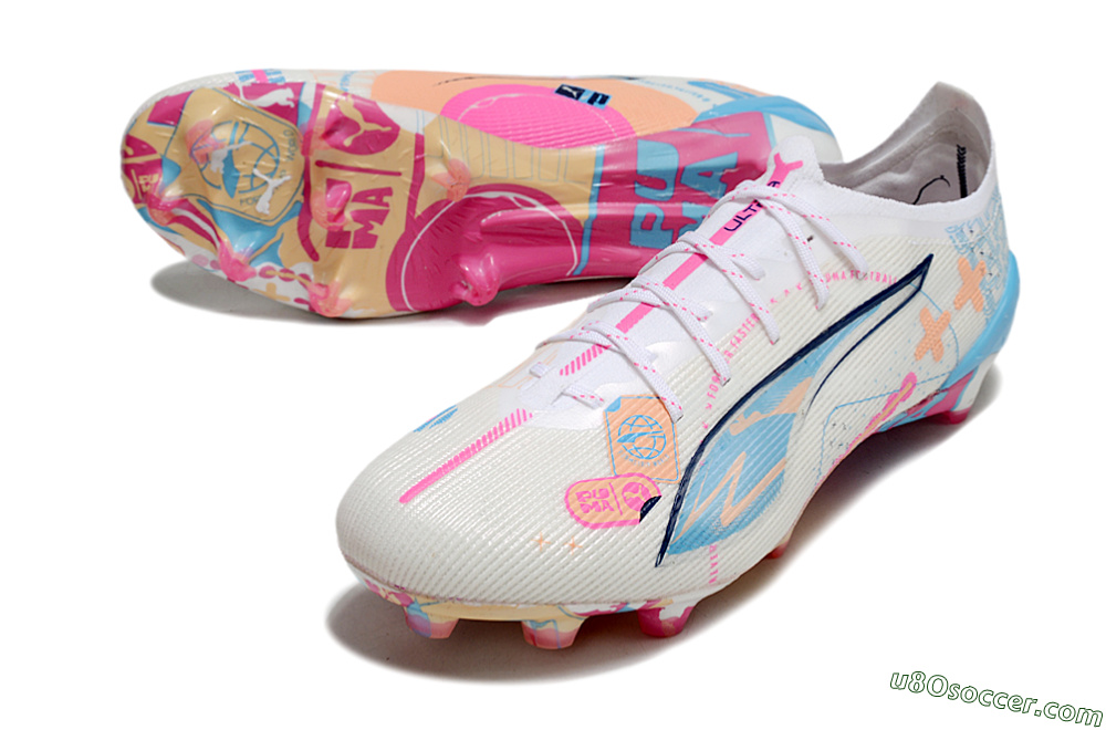 Puma Ultra 5 Ultimate FG Firm Ground Soccer Cleats - White/Pink/Blue 3