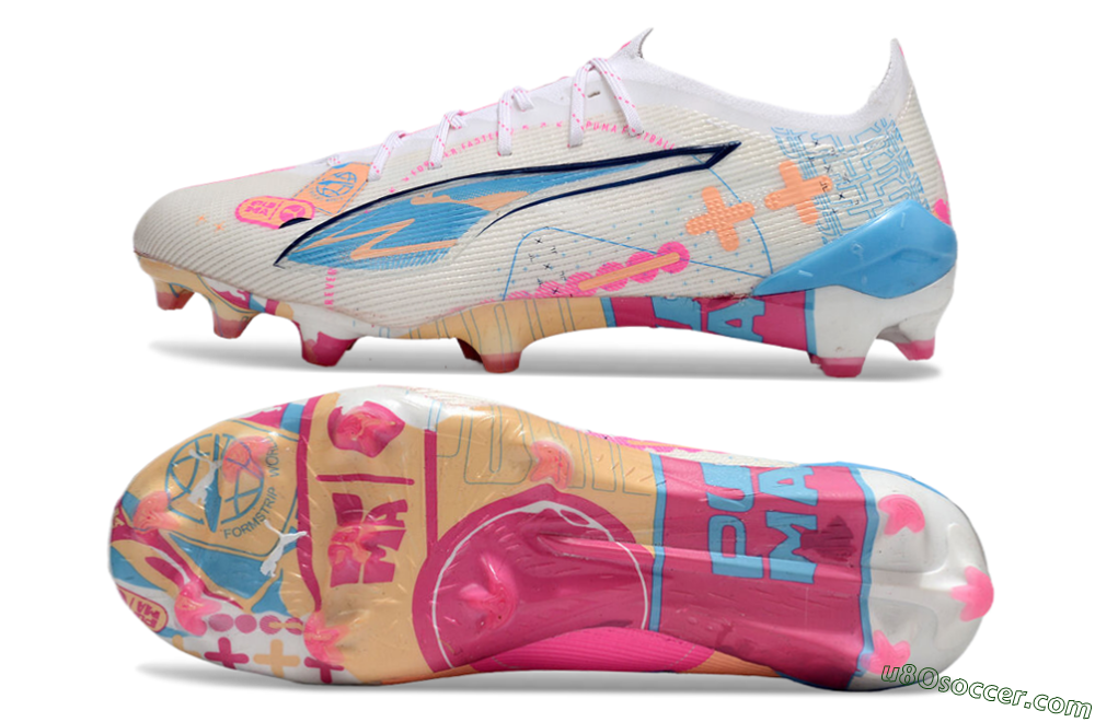 Puma Ultra 5 Ultimate FG Firm Ground Soccer Cleats - White/Pink/Blue 0