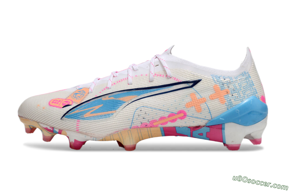 Puma Ultra 5 Ultimate FG Firm Ground Soccer Cleats - White/Pink/Blue 2