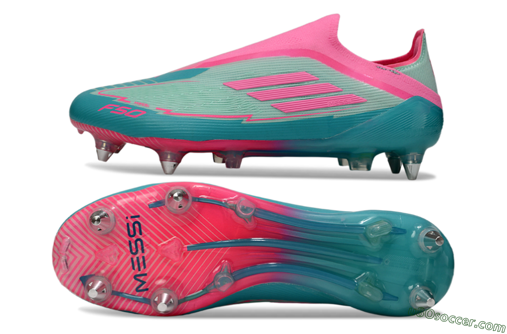 Messi x Adidas F50 Elite Laceless SG Soft Ground Soccer Cleats - Green/Pink 0