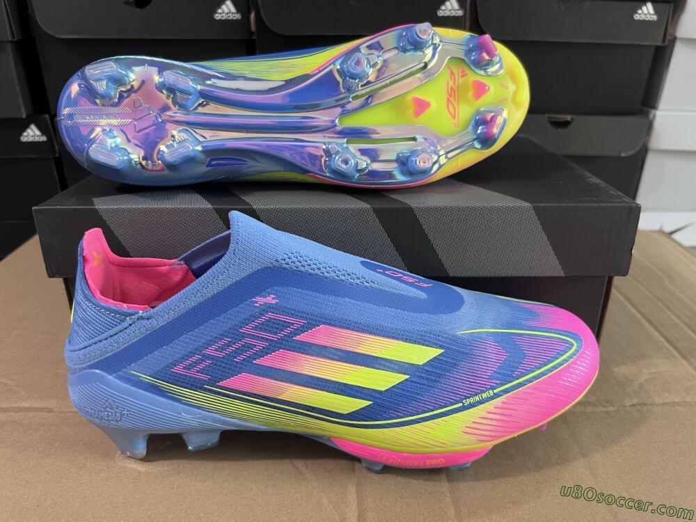 Adidas F50+ Elite Laceless FG Firm Ground Soccer Cleats - Blue/Yellow/Pink