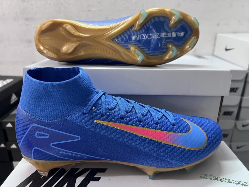 Nike Air Zoom Mercurial Superfly 10 Elite FG Firm Ground Soccer Cleats - Blue/Gold/Pink
