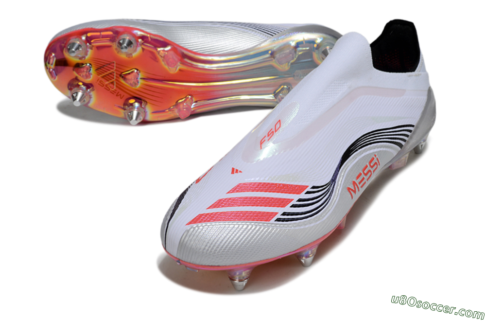 Messi x Adidas F50 Elite Laceless SG Soft Ground Soccer Cleats - White/Red/Black 3