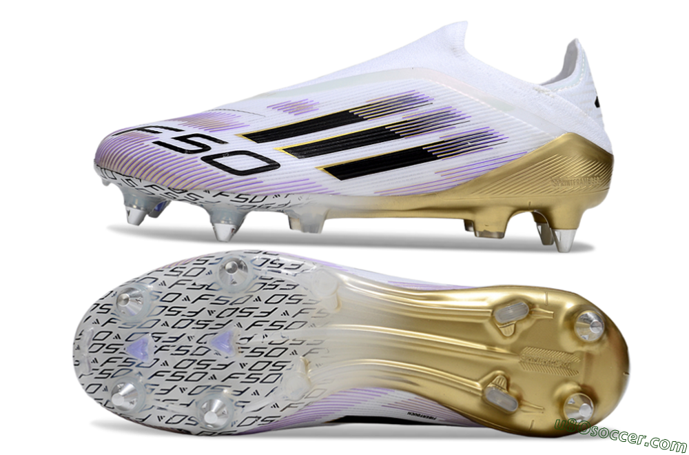 Adidas F50 Elite Laceless SG Soft Ground Soccer Cleats - White/Purple/Gold 0