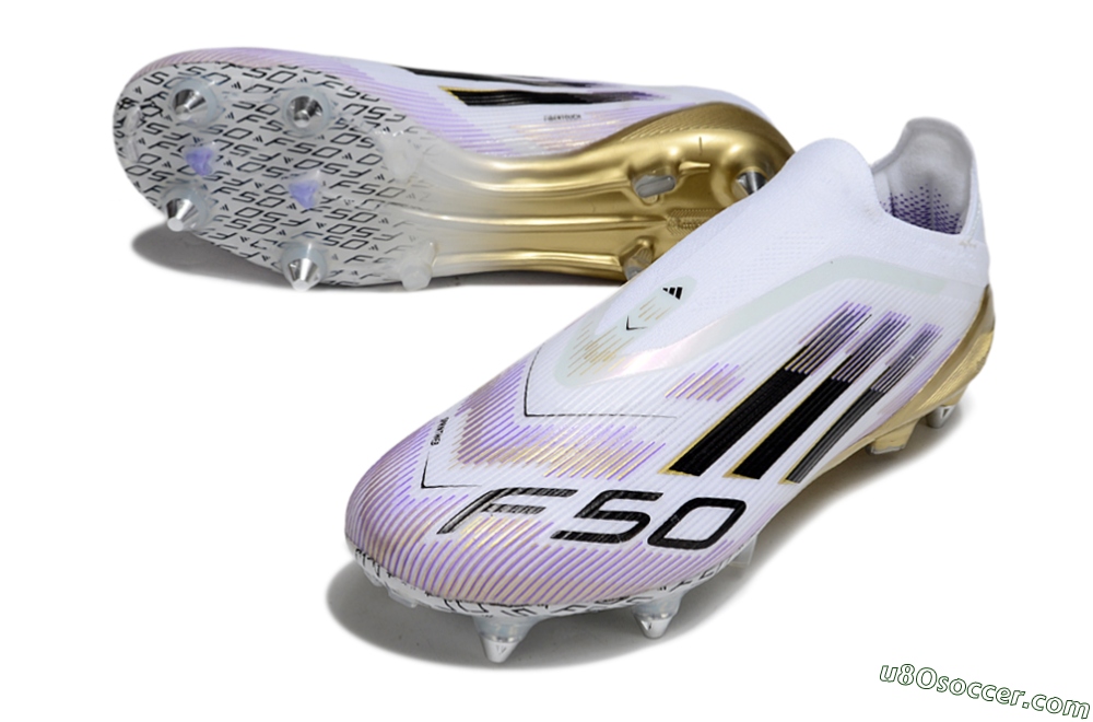 Adidas F50 Elite Laceless SG Soft Ground Soccer Cleats - White/Purple/Gold 2