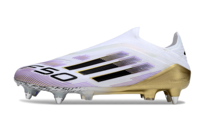 Adidas F50 Elite Laceless SG Soft Ground Soccer Cleats - White/Purple/Gold