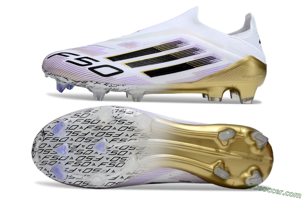 Adidas F50 Elite Laceless FG Firm Ground Soccer Cleats - White/Purple/Gold 0