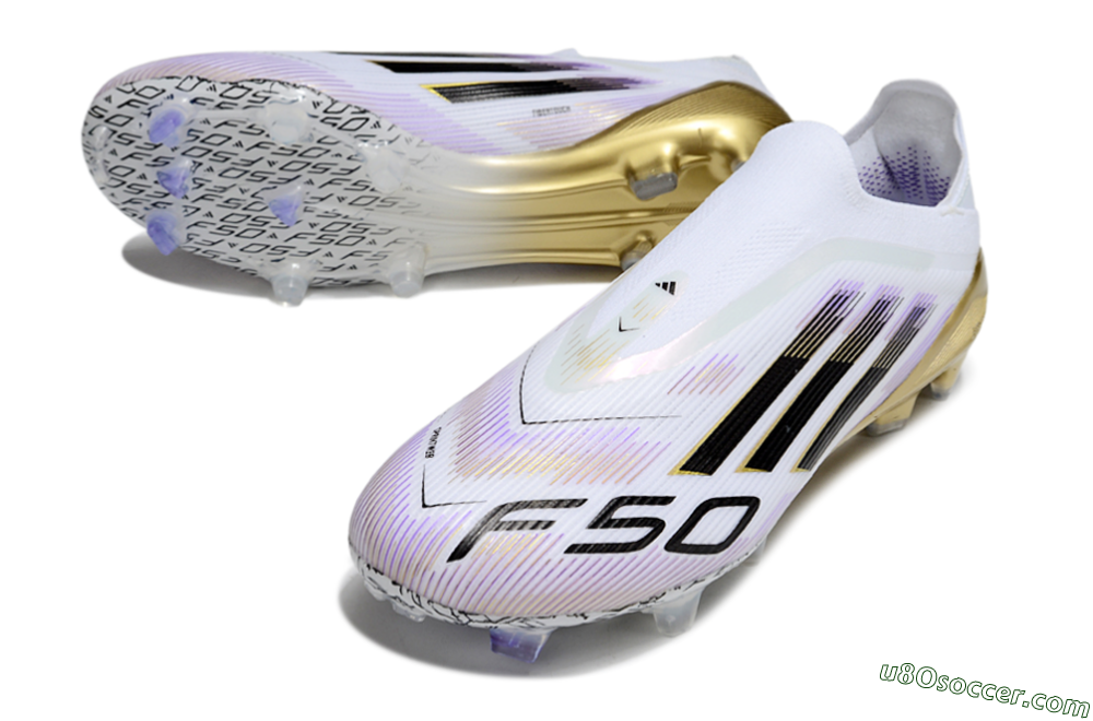Adidas F50 Elite Laceless FG Firm Ground Soccer Cleats - White/Purple/Gold 3
