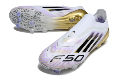 Adidas F50 Elite Laceless FG Firm Ground Soccer Cleats - White/Purple/Gold