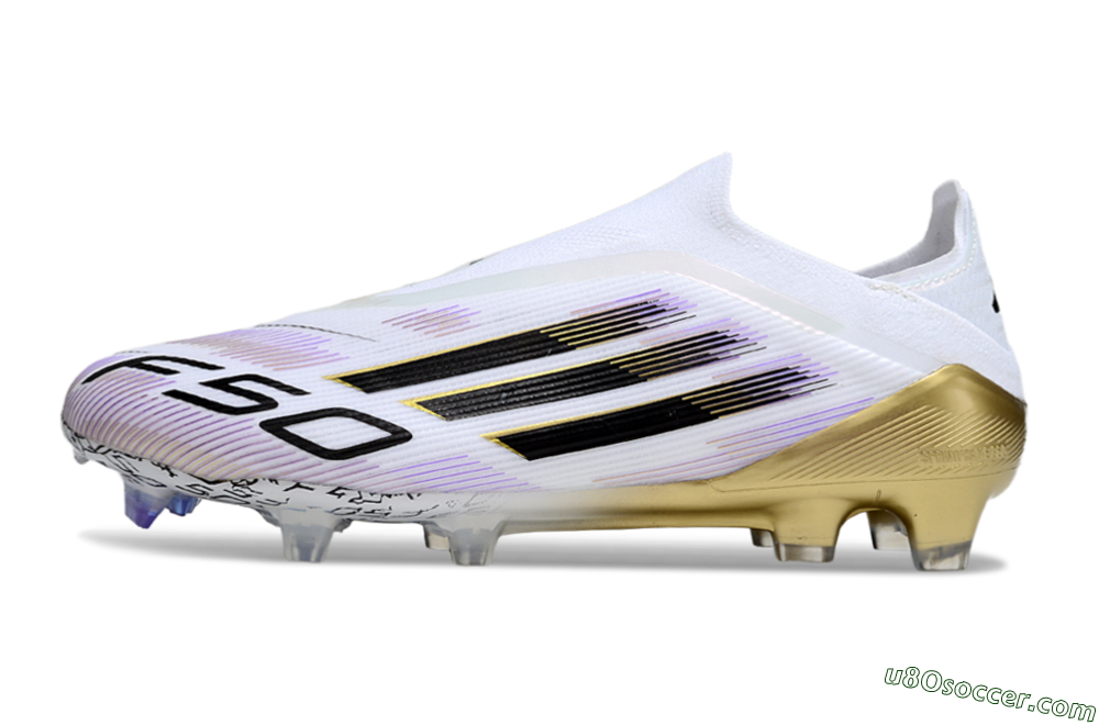 Adidas F50 Elite Laceless FG Firm Ground Soccer Cleats - White/Purple/Gold 2