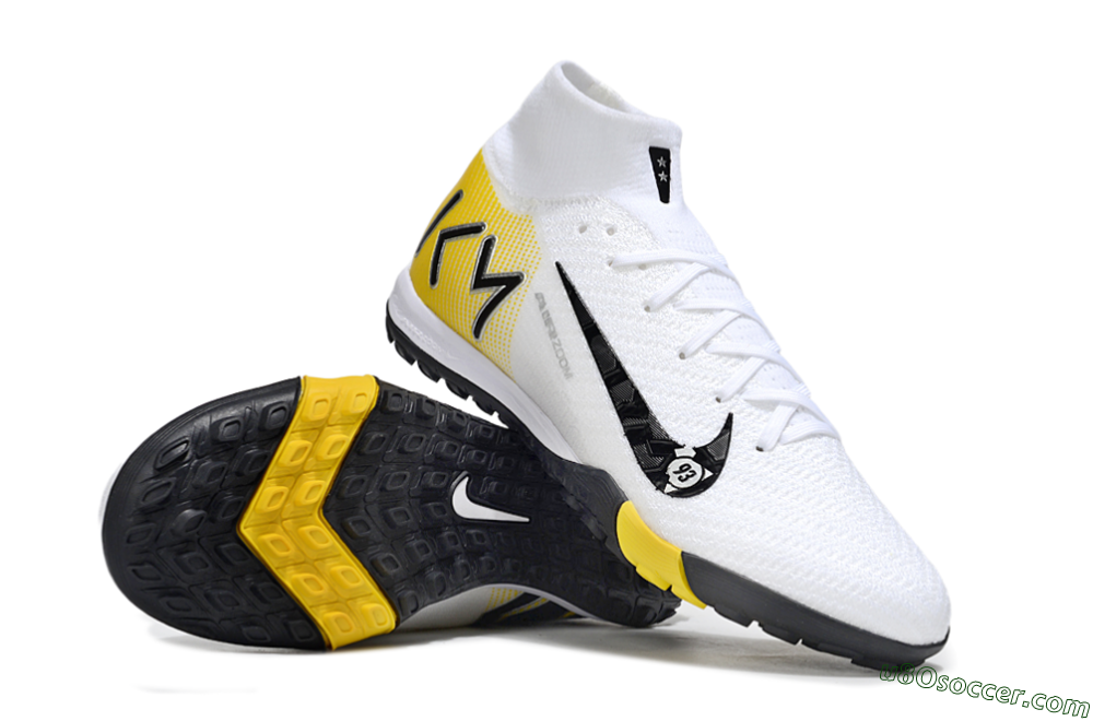 KM x Nike Air Zoom Mercurial Superfly 10 Elite TF Artificial Turf Soccer Shoes - White/Black/Yellow 3