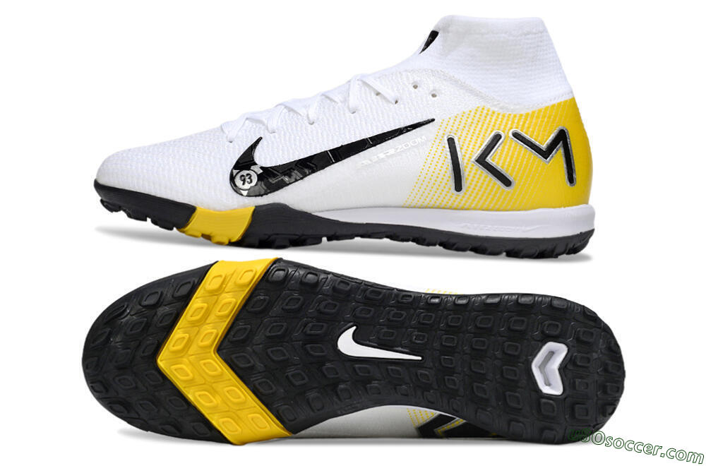 KM x Nike Air Zoom Mercurial Superfly 10 Elite TF Artificial Turf Soccer Shoes - White/Black/Yellow 0
