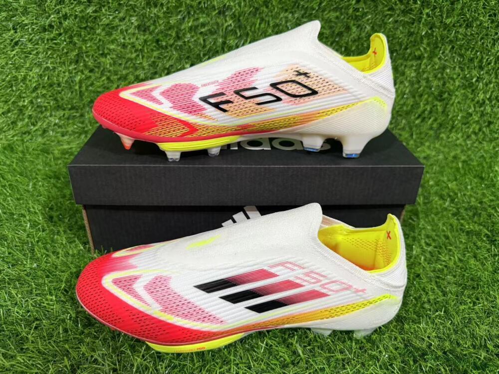 Adidas F50+ Elite Lightstrike Pro Laceless FG Firm Ground Soccer Cleats - White/Red/Yellow