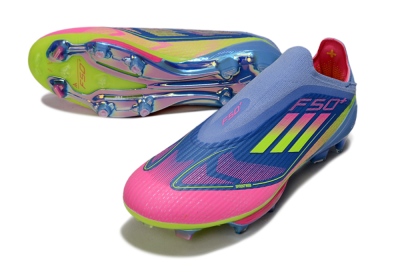 Adidas F50+ Elite Lightstrike Pro Laceless FG Firm Ground Soccer Cleats - Blue/Pink/Yellow