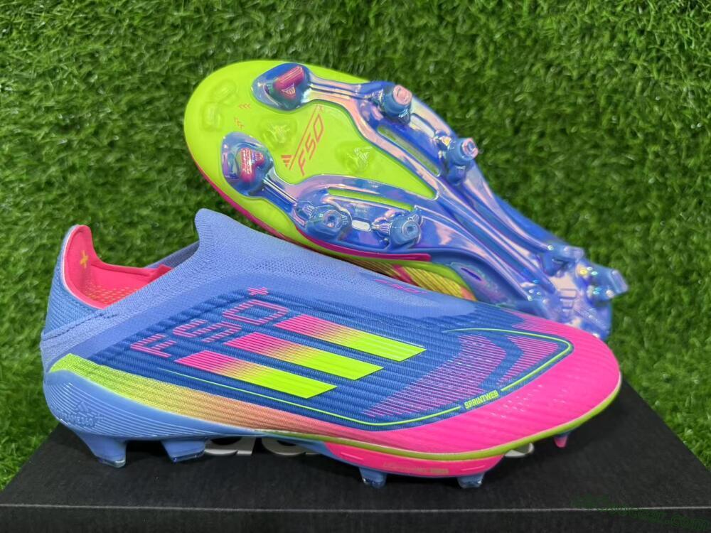 Adidas F50+ Elite Lightstrike Pro Laceless FG Firm Ground Soccer Cleats - Blue/Pink/Yellow
