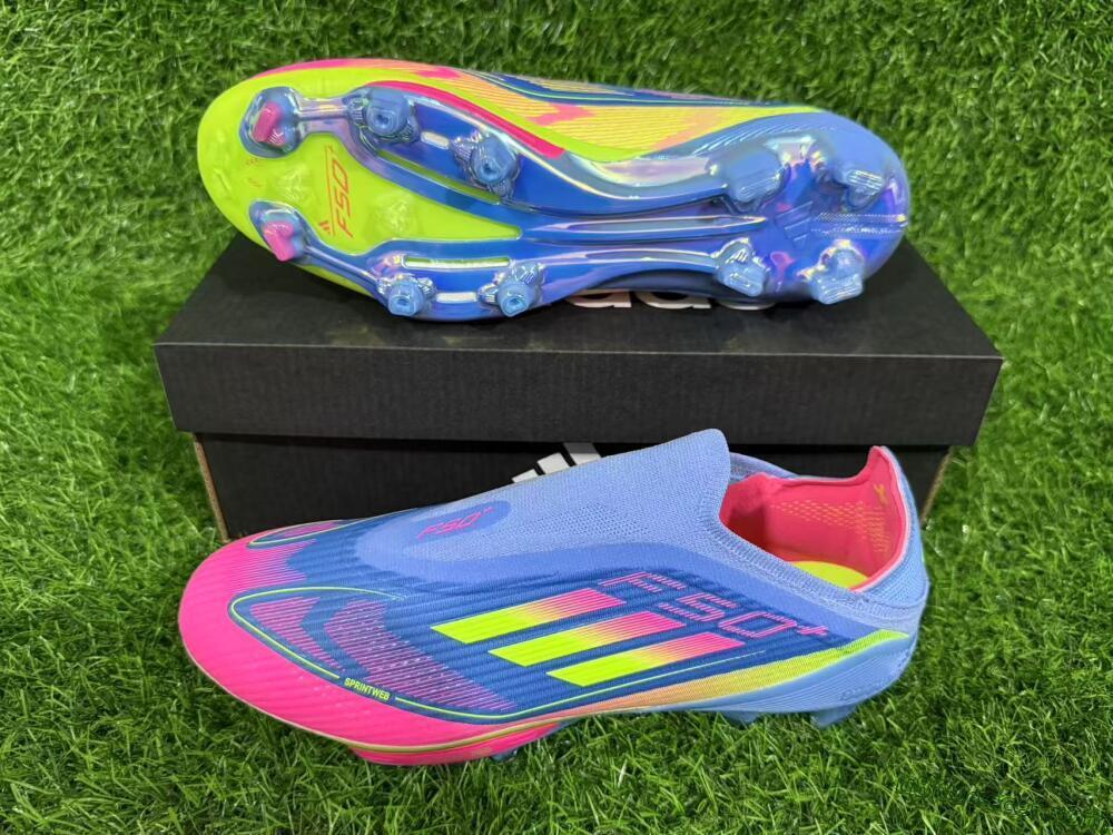 Adidas F50+ Elite Lightstrike Pro Laceless FG Firm Ground Soccer Cleats - Blue/Pink/Yellow