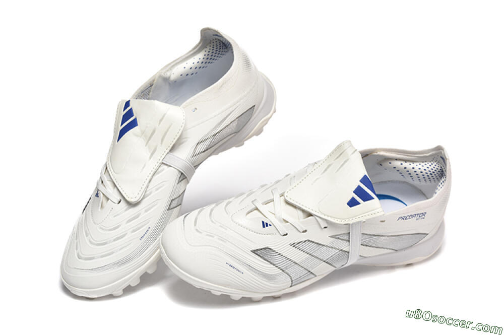 Adidas Predator 25 Elite Foldover Tongue TF Artificial Turf Soccer Cleats - White/Silver/Blue 6
