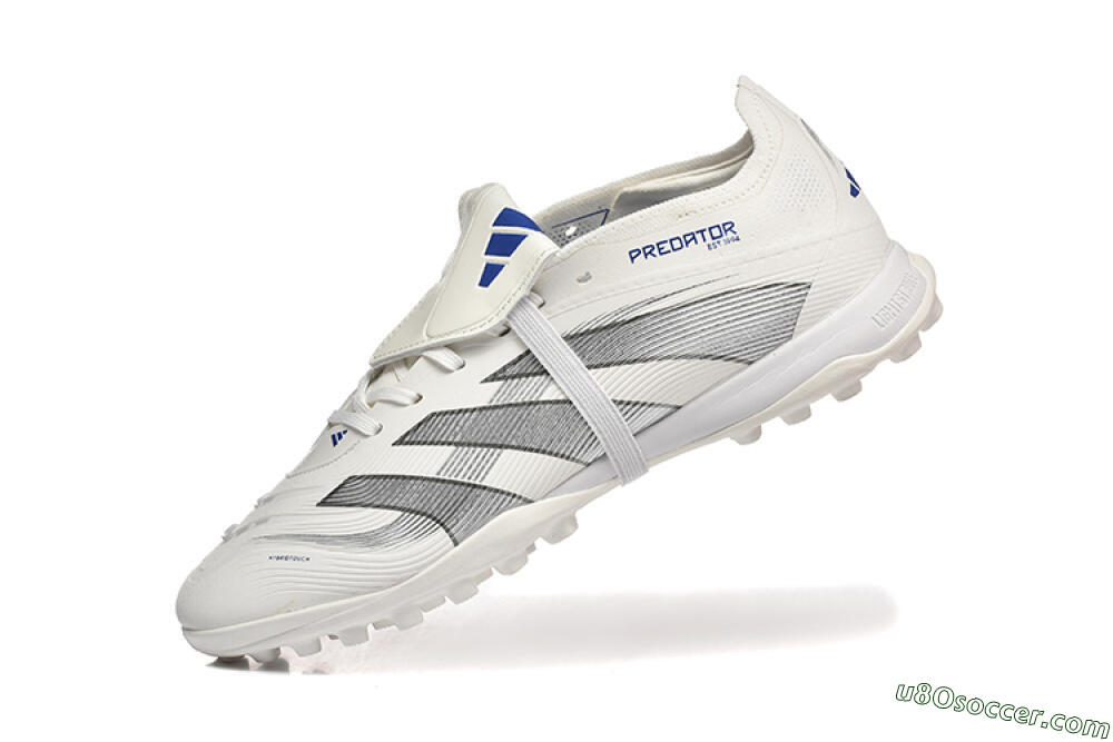 Adidas Predator 25 Elite Foldover Tongue TF Artificial Turf Soccer Cleats - White/Silver/Blue 8
