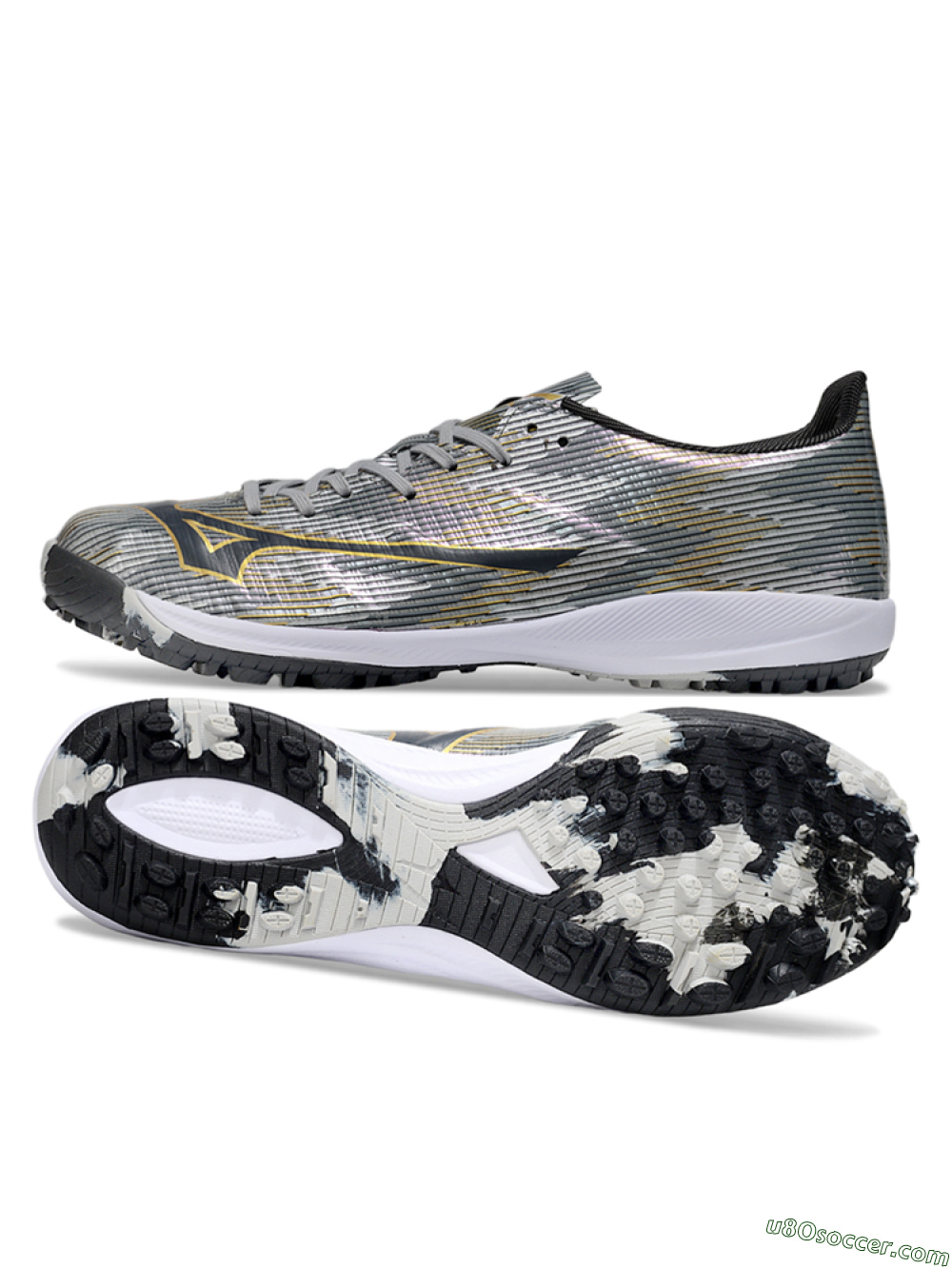 Mizuno Morelia Alpha Beta TF Artificial Turf Soccer Shoes - Silver/Gold/Black 0