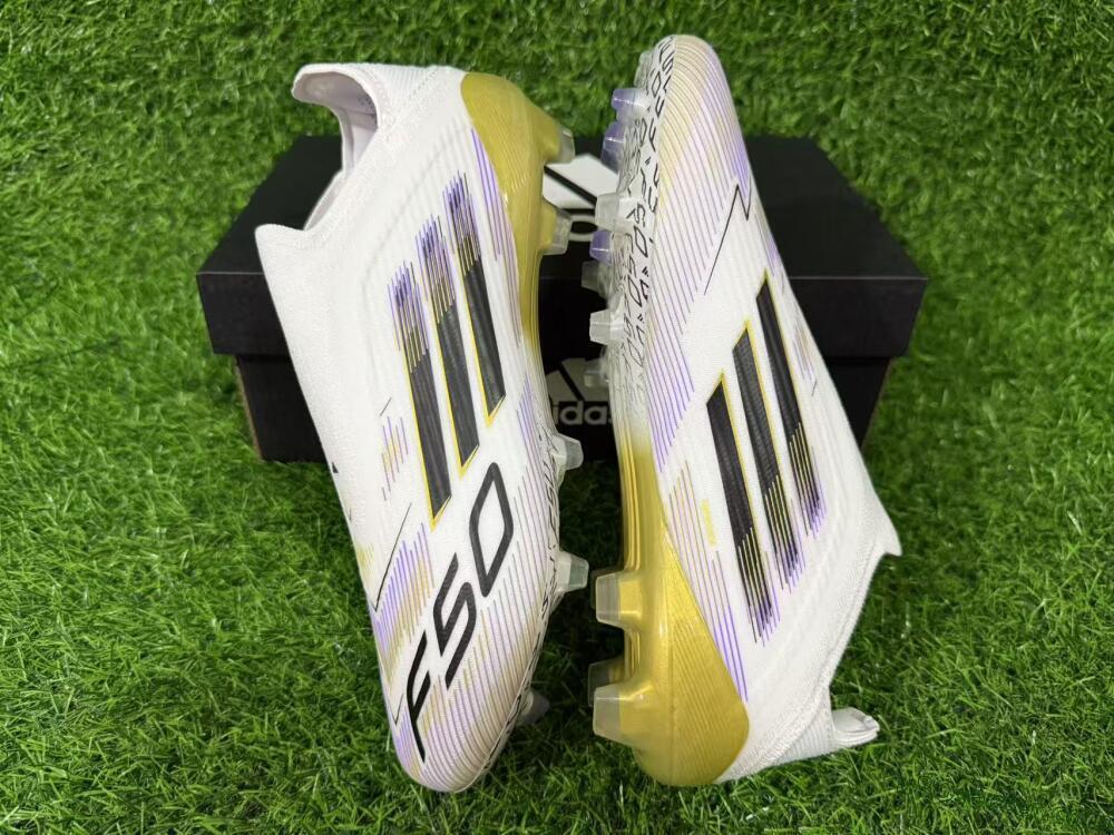 Adidas F50 Elite Laceless FG Firm Ground Soccer Cleats - White/Purple/Black/Gold