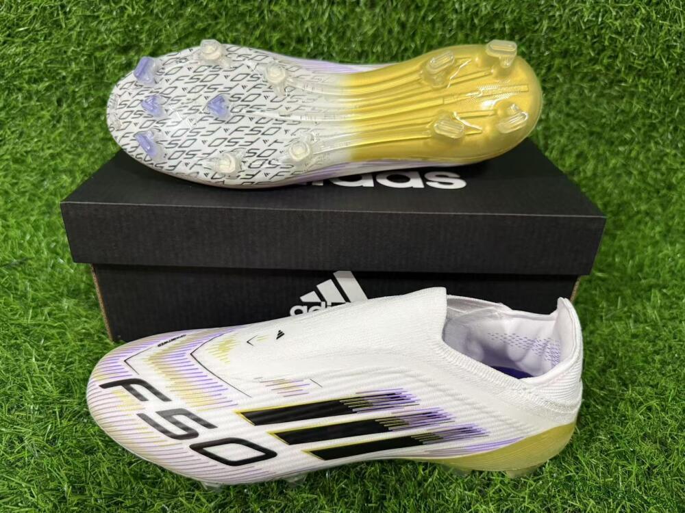 Adidas F50 Elite Laceless FG Firm Ground Soccer Cleats - White/Purple/Black/Gold