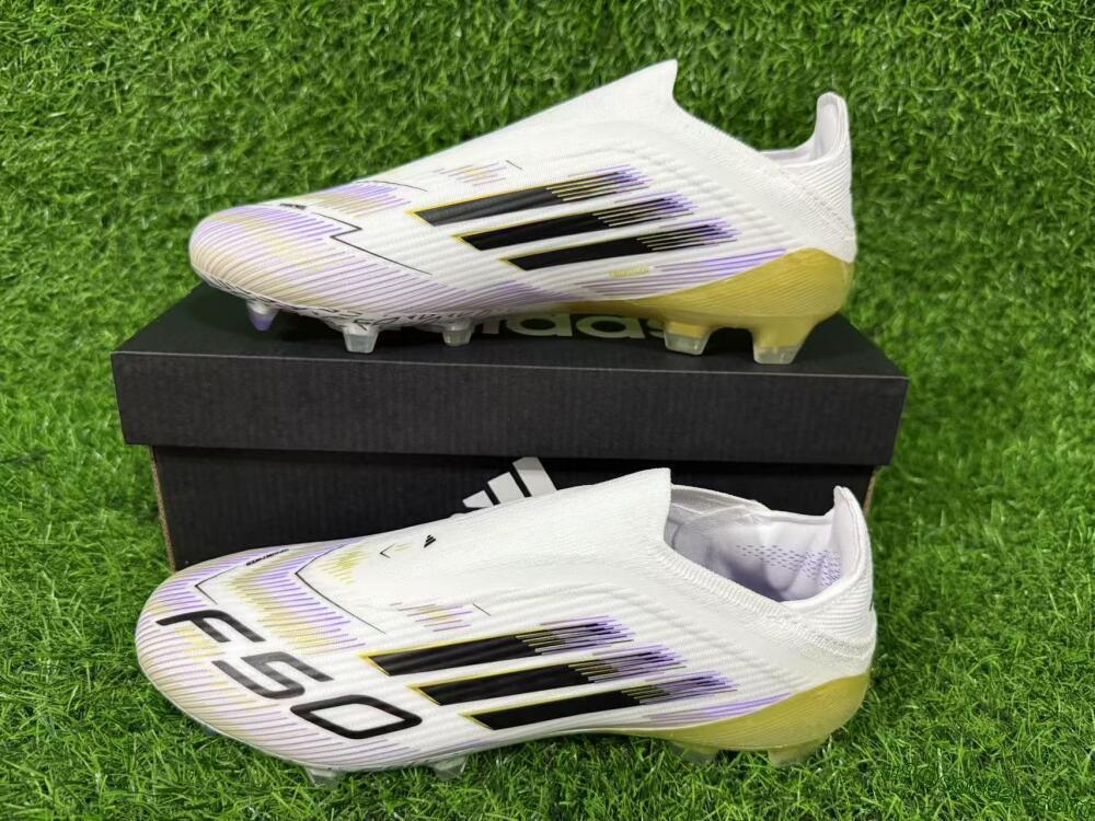 Adidas F50 Elite Laceless FG Firm Ground Soccer Cleats - White/Purple/Black/Gold