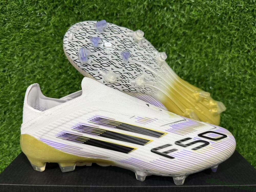 Adidas F50 Elite Laceless FG Firm Ground Soccer Cleats - White/Purple/Black/Gold