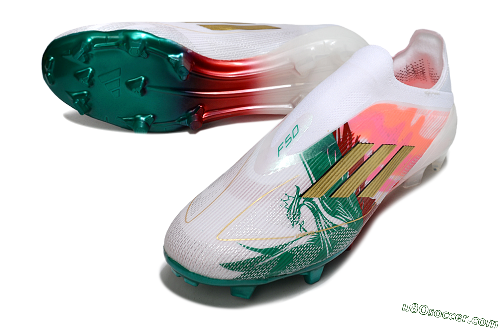 Adidas F50 Elite Laceless FG Firm Ground Soccer Cleats - White/Green/Gold/Red 3