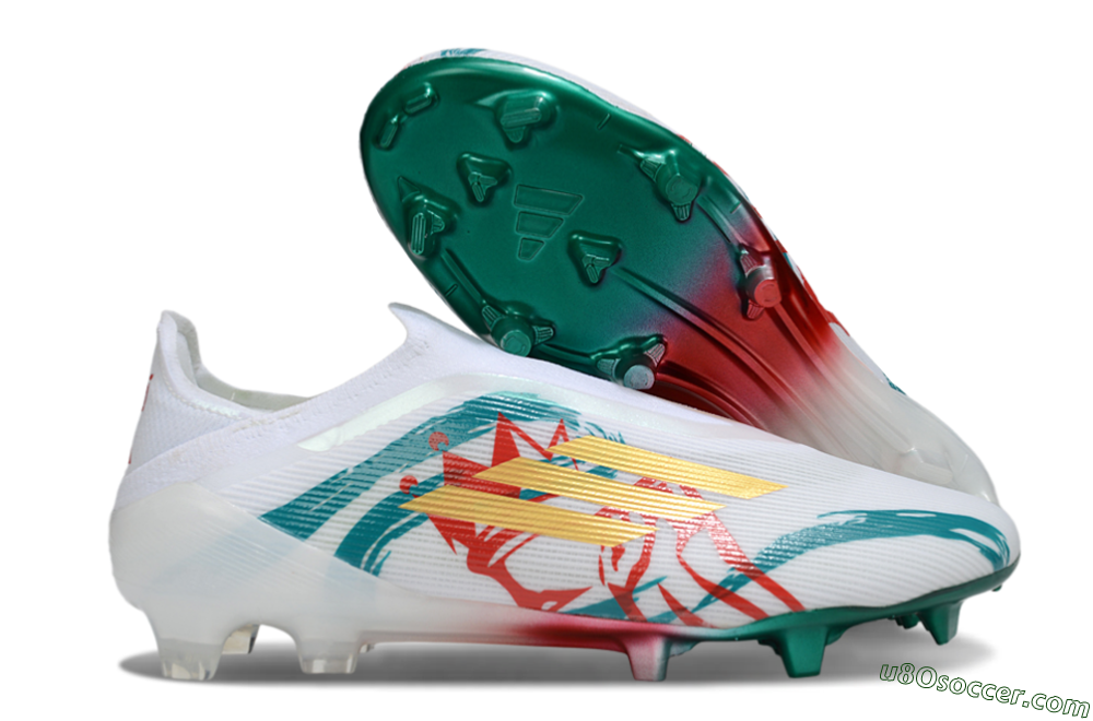 Adidas F50 Elite Laceless FG Firm Ground Soccer Cleats - White/Green/Gold/Red 1
