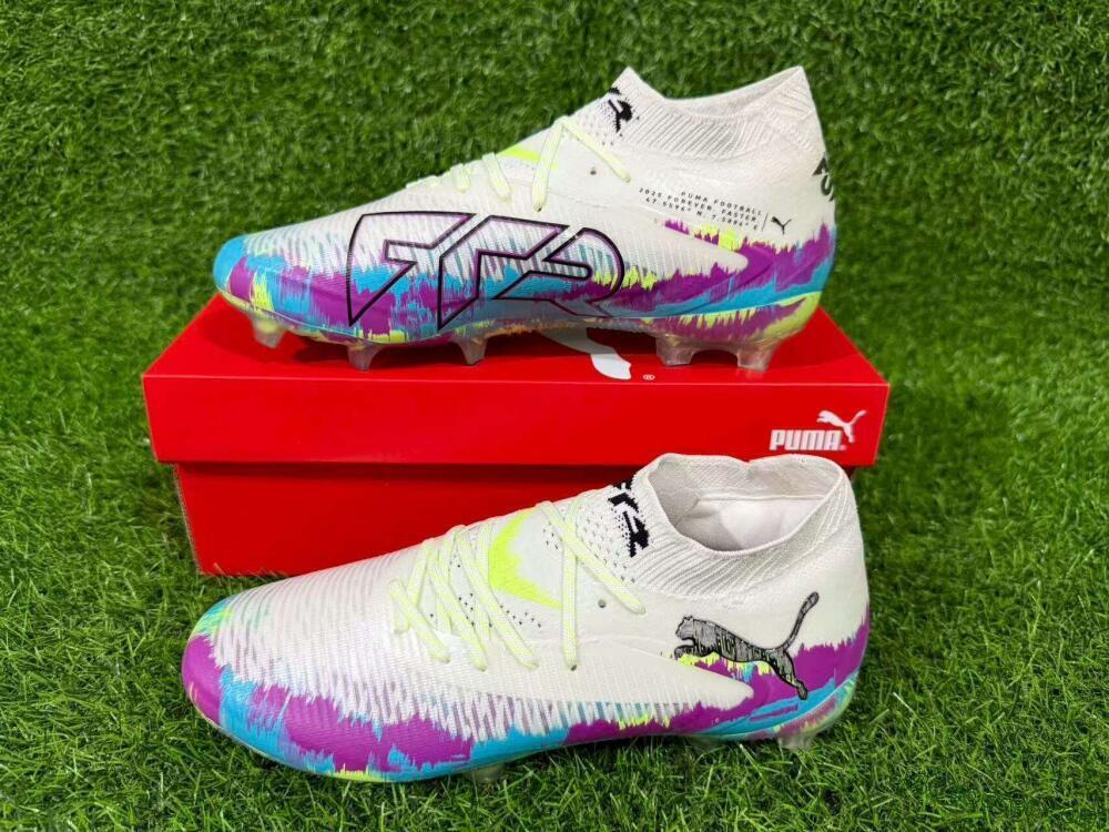 Puma Future 8 Ultimate FG Firm Ground Soccer Cleats - White/Purple/Yellow/Blue