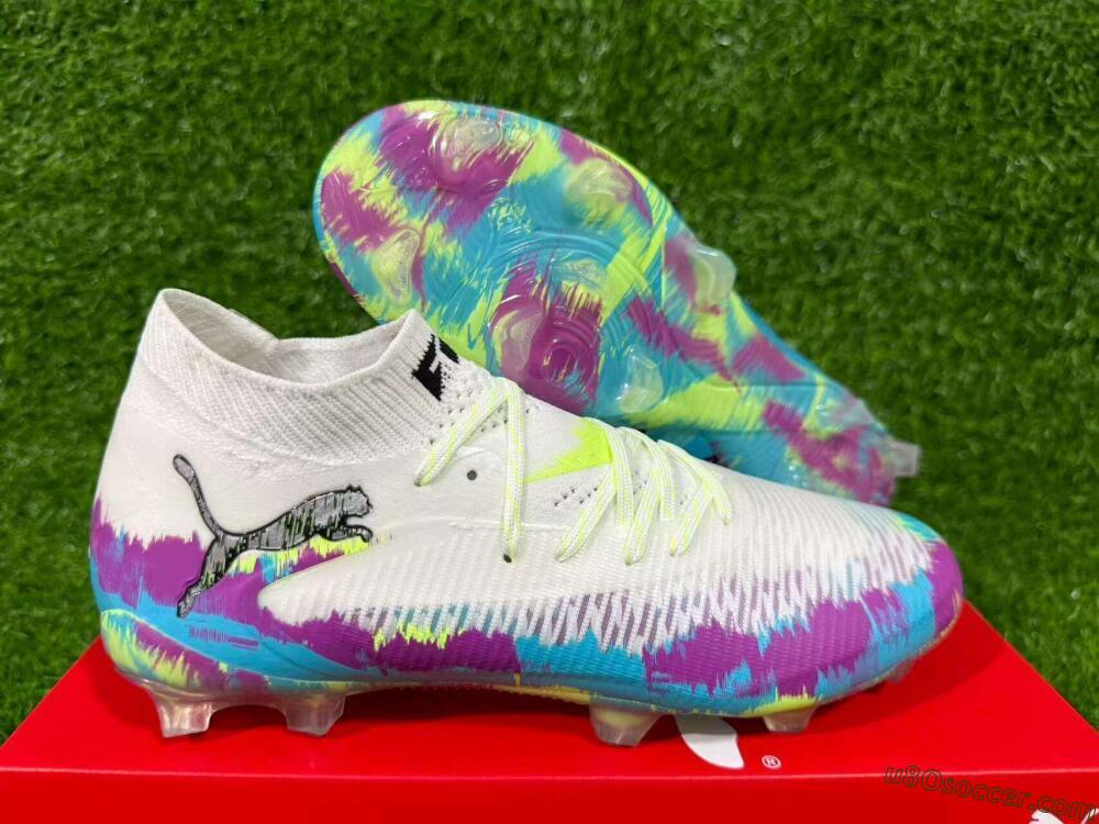 Puma Future 8 Ultimate FG Firm Ground Soccer Cleats - White/Purple/Yellow/Blue